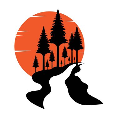 Her zaman yeşil çam ağaçları ve günbatımı vektör logosuna sahip nehir.