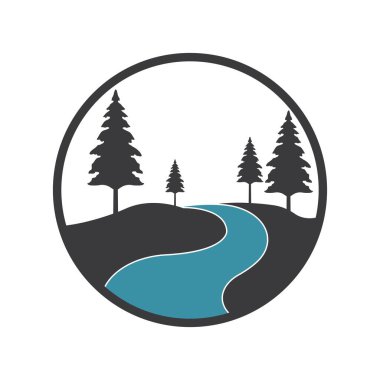 her zaman yeşil çam ağaçları ve nehir arkaplan vektör logosu tasarımı