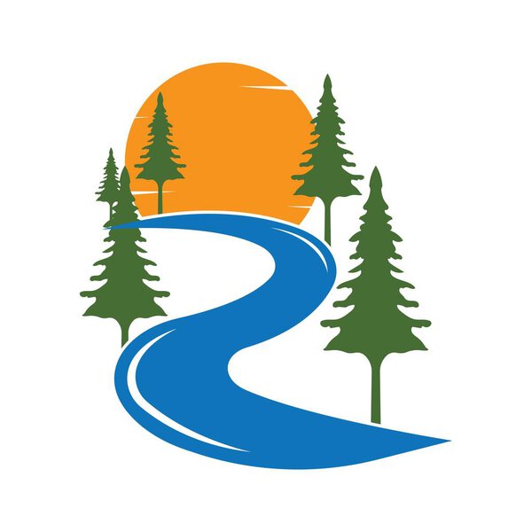evergreen pine trees and river with sunset background vector logo design