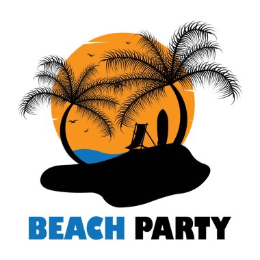 Tropikal plaj günbatımı etiketli yaz tatili, palmiye ağaçları, vektör illüstrasyonu