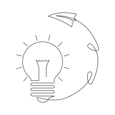 Ampulle bağlı kağıt uçak sürekli bir çizgi çizerek yükseliyor. Girişim fikri konsepti çizimi