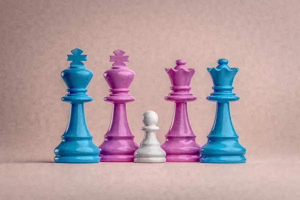 The colors of the transgender pride flag represented using chess pieces. Gender identity and transition. Feminine and masculine traits, undefined gender. LGBTQIA conceptual artwork. 3D illustration.