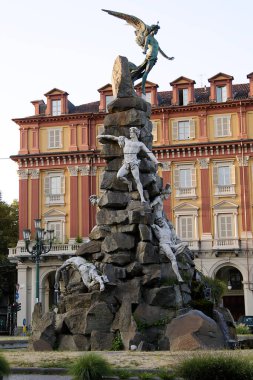 Monument to the Frejus Tunnel on Piazza Statuto in Turin, Italy