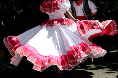 Dansçılar dans eder ve Meksika 'nın geleneksel halk kostümlerinden birini giyer. 