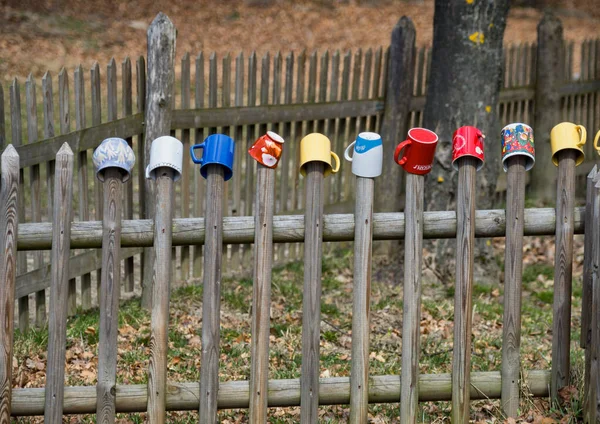 stock image Mugs on a wooden fence, White Cross, Bratislava, Slovakia.