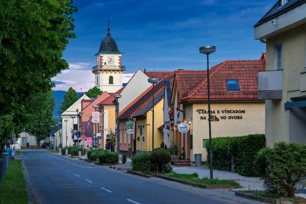 stock image Evening street in Bojnice, Saint Martin's Church, Slovakia.