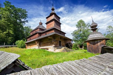 Bardejov 'da Skanzen, Tahta Yunan Katolik eklem kilisesi, Slovakya Köy Müzesi, Slovakya.