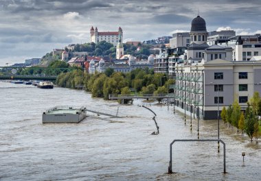 Bratislava 'da 2024 yılında Tuna Nehri' ni sel bastı, Slovakya.