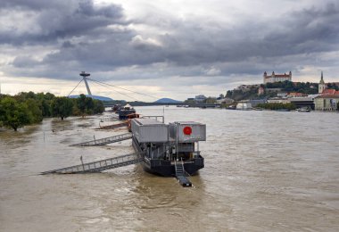 Bratislava 'da 2024 yılında Tuna Nehri' ni sel bastı, Slovakya.