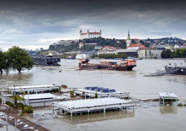 Bratislava 'da 2024 yılında Tuna Nehri' ni sel bastı, Slovakya.