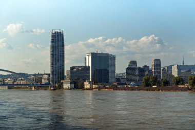 Danube and Eurovea Tower in Bratislava, Apollo Bridge, Slovakia. clipart