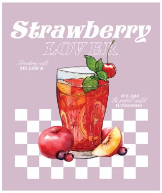 Meyve suyu suluboya çizimi. El yapımı sualtı element tasarımı. Sanatsal vektör deniz çileği. Elma. limon tasarımı elemanı. Baskı ve diğer tasarım projeleri için illüstrasyon.