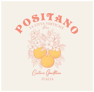 Positano Portakal Kulübü Taze ve Lezzetli Tişört, eski moda üniversite renkli metin grafikleri grunge turuncu efektleri, kız grafiği, kadın baskısı tasarımı, çocuklar ve erkek tişörtü tasarımı.