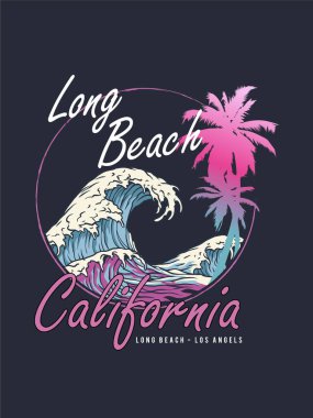 California Palm Tree ve Long Beach Yaz Grafikleri, yaz tatili, merhaba yaz tatili, plaj tatili ve geçmiş - tişört baskıları için vektör ilüstrasyonu
