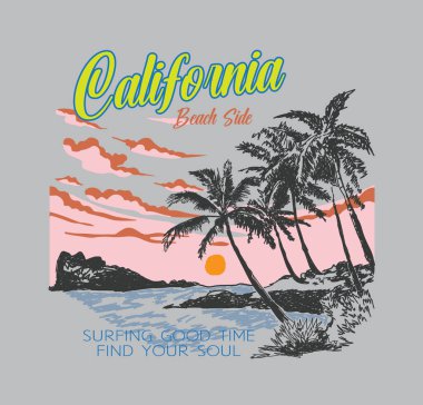 Kaliforniya plajı kenarındaki el çizimi tişört izi, poster, çıkartma, arka plan ve diğer kullanım alanları için. Palmiye ağacı baskılı sanat eserleri. Plaj dağı tasarımı.