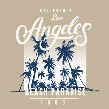 Typography Palm, Los Angels plaj resimli tişört baskısı, vektör illüstrasyonu.