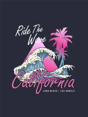 Kaliforniya, Venedik sahillerinde sörf ve sörf konulu vektör illüstrasyon. Tipografi, tişört grafikleri, baskı, poster, afiş, broşür, kartpostal