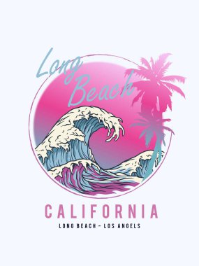Kaliforniya, Venedik sahillerinde sörf ve sörf temalı Long Beach Vector illüstrasyonu. Tipografi, tişört grafikleri, baskı, poster, afiş, broşür, kartpostal