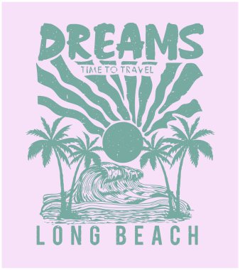 Long Beach California yaz zamanı, yaz plajı güneş ışığı vektör çizimi, güneş ışığına götür beni, Beach Paradise baskı grafikleri tasarımı, palmiye ağaçları üzerine tipografi sloganı