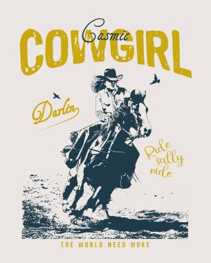 Kovboy kız batı ve vahşi batı teması. El çizimi vektör. Kovboy kız resimli tişört ya da poster tasarımı. Kovboy kız vektör t-shirt tasarımının klasik çizimi.