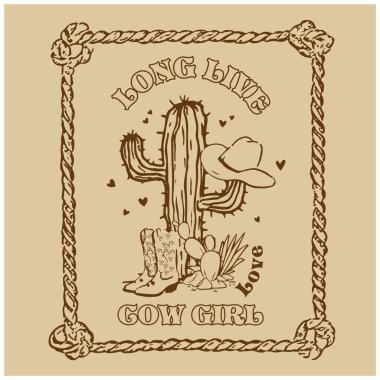 Kovboy çizmeleri ve batı şapkası. Topoğrafyalı kaktüs. Tişört ya da Uzun Yaşa Kovboylar 'ın poster tasarımı. Kovboy çizmeleri, kovboy şapkası ve iple.