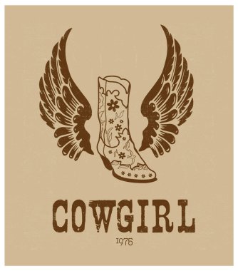 Kovboy kız çizmeleri. Kanatlı Wild.Wild. Kovboy Kız çizme vektör tasarımının çizimi. Retro Boots ve Bling Bir Kovboy Kız Şey