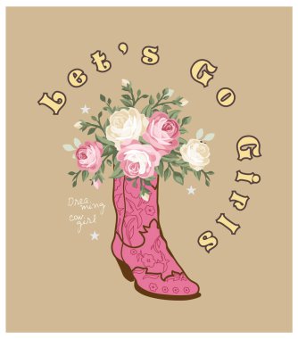 Çiçekler bagajda. Gül çiçekli kovboy çizmesi. Arkaplanda vektör rengi yazdırılabilir illüstrasyon izole edildi. El çizimi vektör yakın grafik illüstrasyonu.