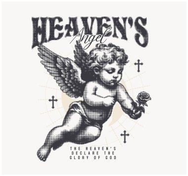 Yarı boy melek, elinde çiçekle bir melek tasvir ediyor. Kanatları olan küçük bir çocuğun logosu. Şirin, güzel, uçan bir bebek tasarımı. Sokak giyimi tişört tasarımı .