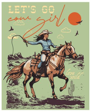 Western show vintage flyer colorful with girl cowgirl riding horse standing on two legs at wild west ranch illustration, tee shirt graphics, rodeo drive typography clipart