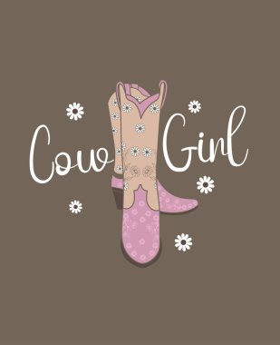 Kovboy kız çizmeleri vektör çizimi. Kovboy kovboy kız çizmeleri ve kovboy kız tipografisi..