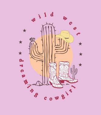 Kovboy çizmeleri ve batı şapkası. Western. Kaktüs ve topoğrafya. Uzun Yaşa Kovboylar 'ın tişörtü ya da poster tasarımı. Kovboy çizmeleri ve kovboy şapkası..