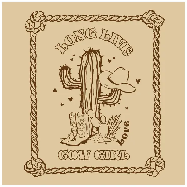 Kovboy çizmeleri ve batı şapkası. Topoğrafyalı kaktüs. Tişört ya da Uzun Yaşa Kovboylar 'ın poster tasarımı. Kovboy çizmeleri, kovboy şapkası ve iple.