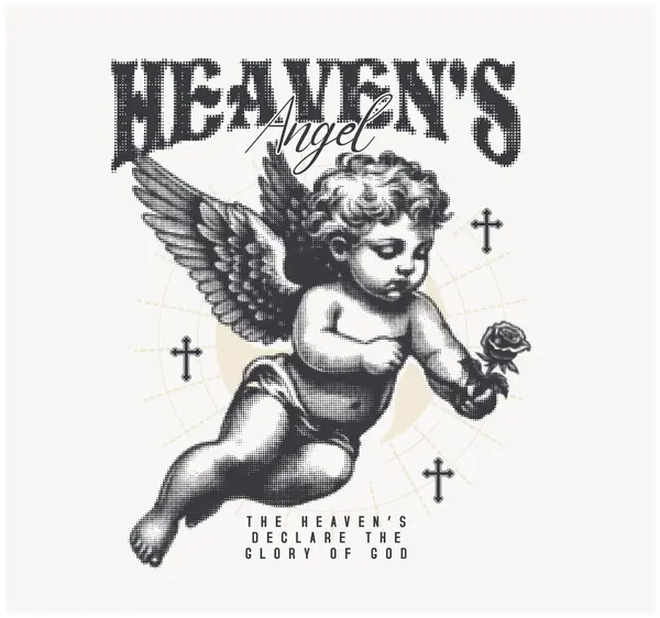 Yarı boy melek, elinde çiçekle bir melek tasvir ediyor. Kanatları olan küçük bir çocuğun logosu. Şirin, güzel, uçan bir bebek tasarımı. Sokak giyimi tişört tasarımı .