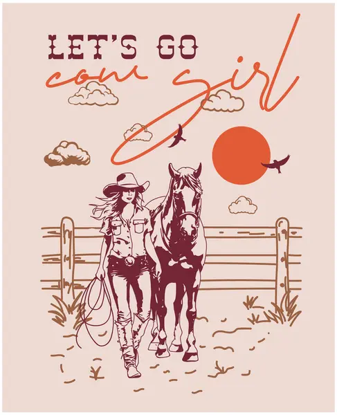 Kovboy kız çizimleri tasarımı, klasik görünümlü kovboy kız at günbatımı tipografisi ile ünlü t-shirt tasarımı için iyidir..