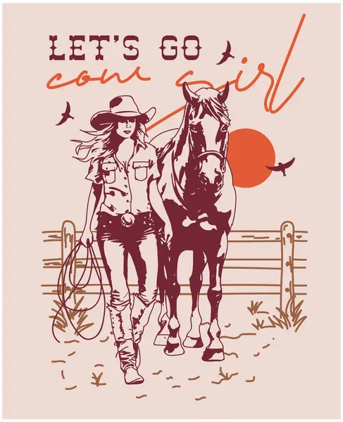 Çöl batısı kovboy çizimleri, klasik görünümlü kovboy kız güneş batışı tipografisi ile ünlü t-shirt tasarımı için iyidir.