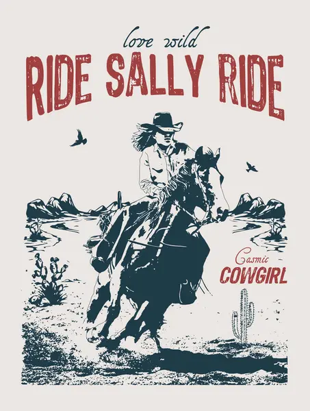 Kovboy kız batı ve vahşi batı teması. El çizimi vektör. Kovboy kız resimli tişört ya da poster tasarımı. Kovboy kız vektör t-shirt tasarımının klasik çizimi