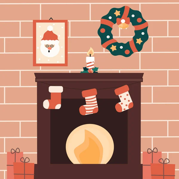 Carino Cartone Animato Illustrazione Natale Con Camino Scatole Regalo Calzini — Vettoriale Stock