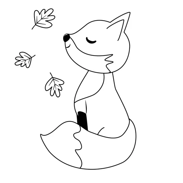 Mignon Dessin Animé Renard Personnage Noir Blanc Avec Des Feuilles — Image vectorielle