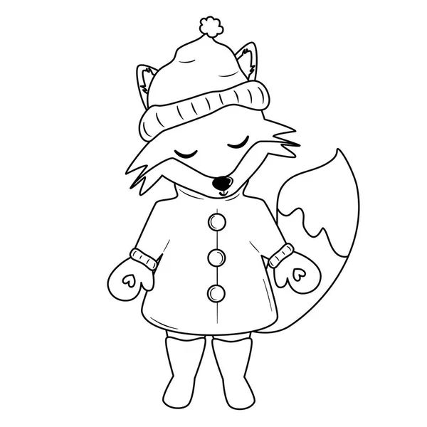 可爱的卡通片黑白相间的狐狸 冬季服装有趣的矢量图解为彩色页面 — 图库矢量图片