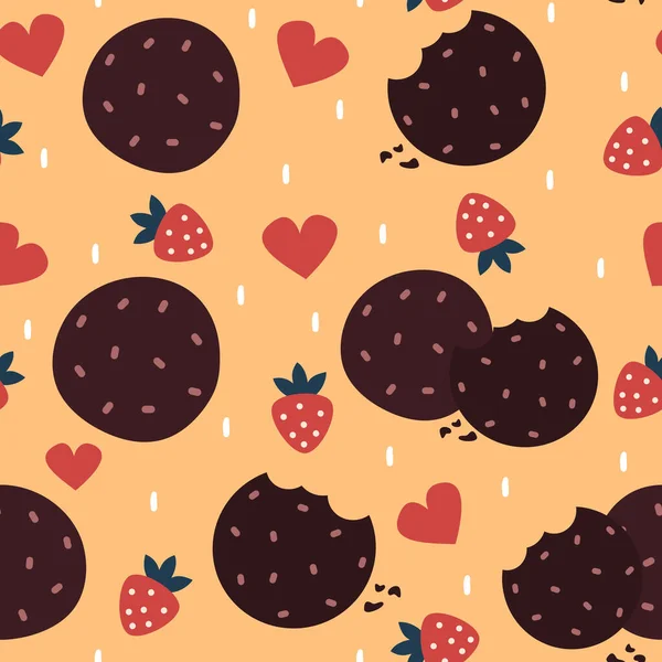 Roztomilé Valentinky Den Hladké Vektorové Vzor Ilustrace Čokoládovými Sušenkami Jahody — Stockový vektor