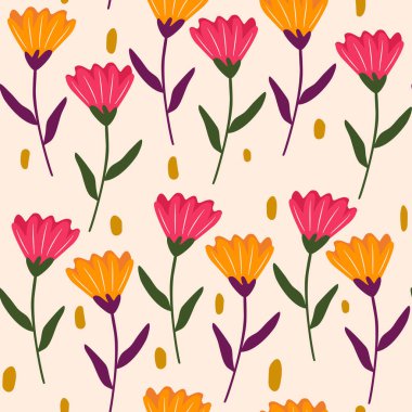Cute seamless vector pattern background illustration with bold colorful flowers