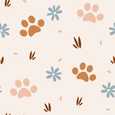 Şirin pastel renkli pençeli, papatya çiçekleri ile renksiz vektör desenli arkaplan çizimi