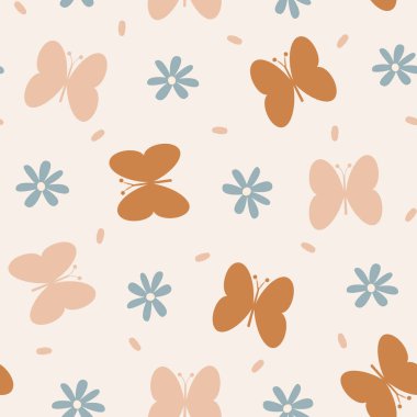 Papatya çiçekleri ve kelebeklerle renklendirilmiş, renksiz vektör desenli arkaplan çizimi