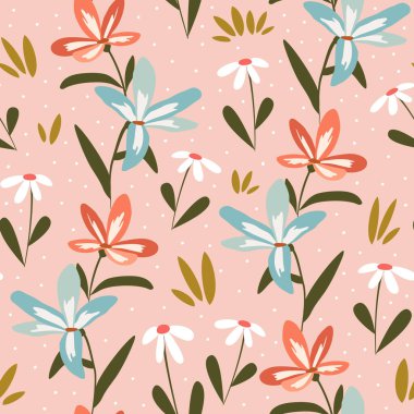 Pembe arka planda el çizimi pastel çiçekleri olan şirin, pürüzsüz vektör deseni çizimi