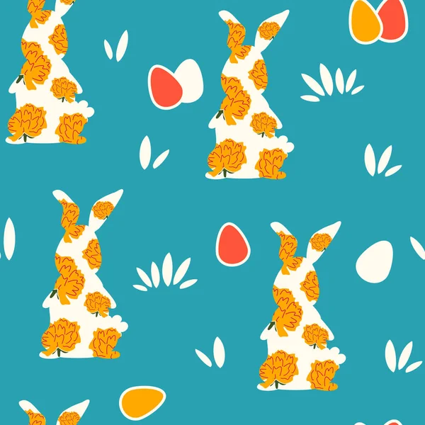 Cute Easter Seamless Vector Pattern Illustration Colorful Egg Rabbits Flowers — Stock Vector