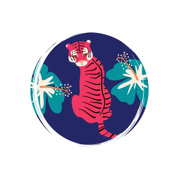 Mignon Logo Icône Vecteur Avec Tigre Rose Bleu Hibiscus Fleurs — Image vectorielle