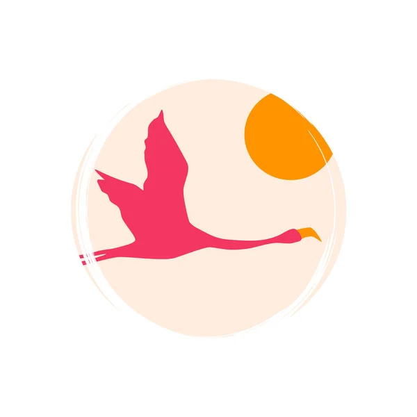 带有粉色火烈鸟轮廓的可爱标识或图标矢量和带有画笔纹理的圆形太阳插图 用于社交媒体故事和亮点 — 图库矢量图片