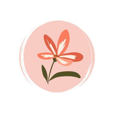 Sosyal medya öyküsü ve vurguları için kırmızı çiçekli şirin logo veya simge vektörü fırça desenli daire üzerine çizim