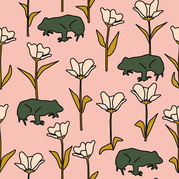 Cute Seamless Vector Pattern Illustration Green Frogs Flowers Pink Background — Stock Vector