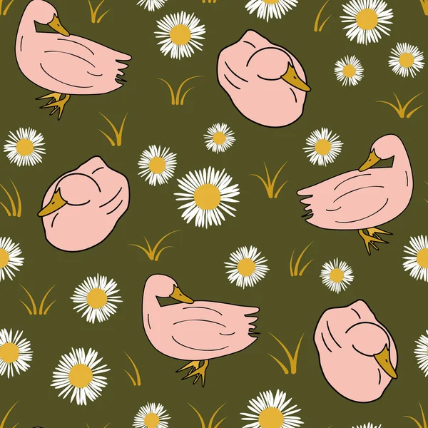 Cute Pink Ducks White Daisy Flowers Green Background Seamless Repeat — Stock Vector
